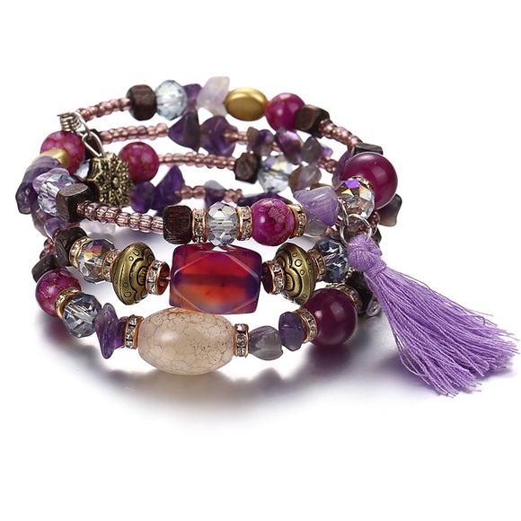 Boho Multilayer Crystal & Stone Tassel Bracelet - Picture 2 of 7